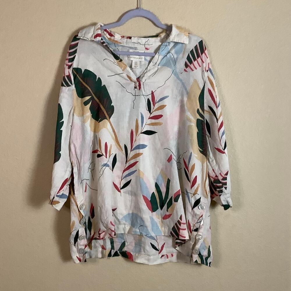 Cynthia Rowley Women's White Floral Popover‎ 100% Linen Blouse Sz 1X